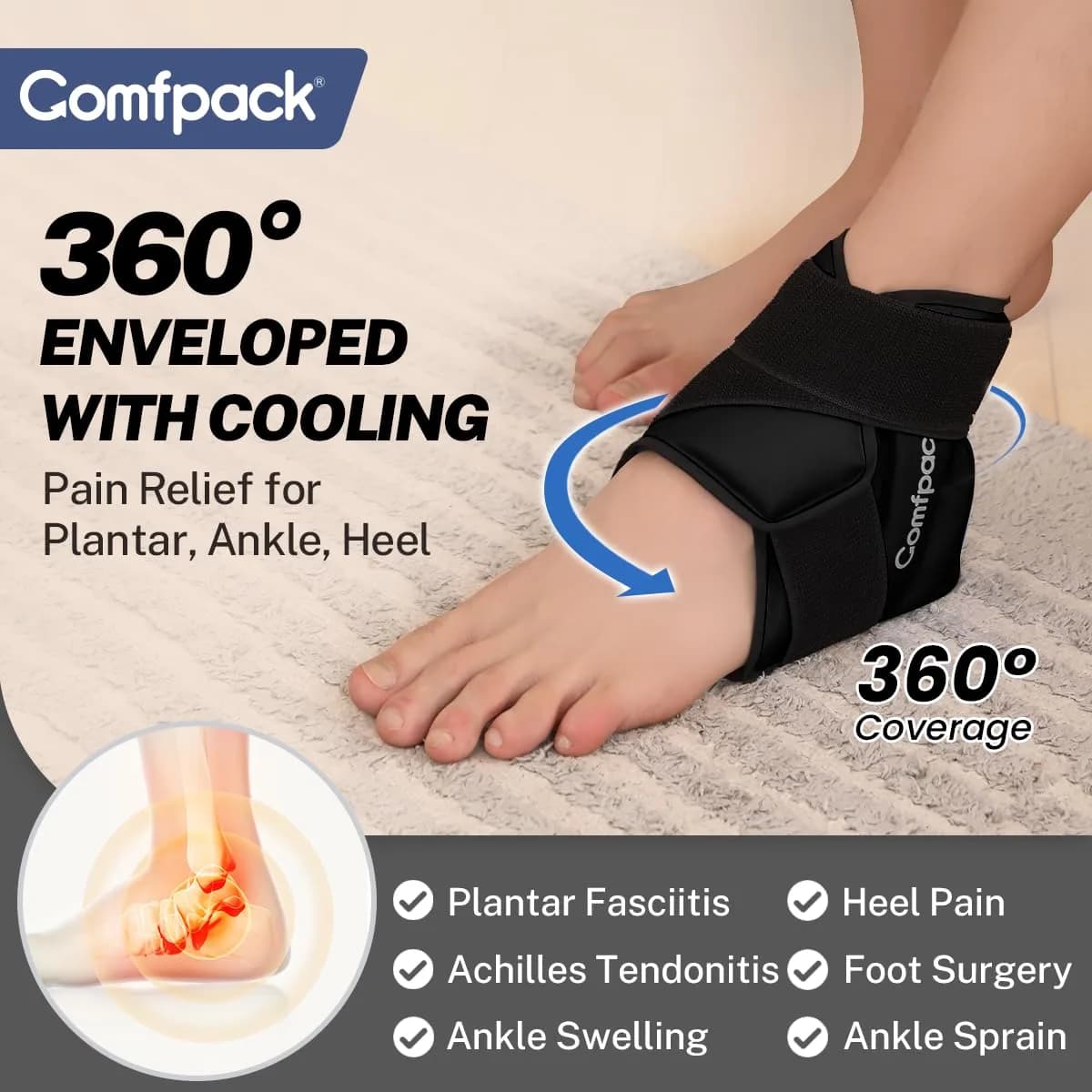 Comfpack Black Heel & Ankle Ice Pack Wrap for Plantar Fasciitis Relief - view 2