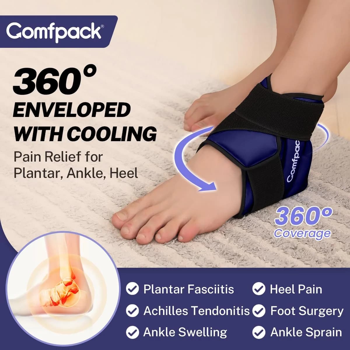 Comfpack Dark Blue Heel Ice Pack Wrap for Plantar Fasciitis Relief & Ankle Swelling - view 2