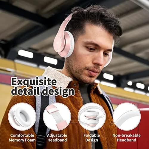 Uliptz Bluetooth Headphones Over Ear, Wireless HiFi Stereo Foldable Headset with 65H Playtime & 6 EQ Modes | Rose Gold thumbnail 4