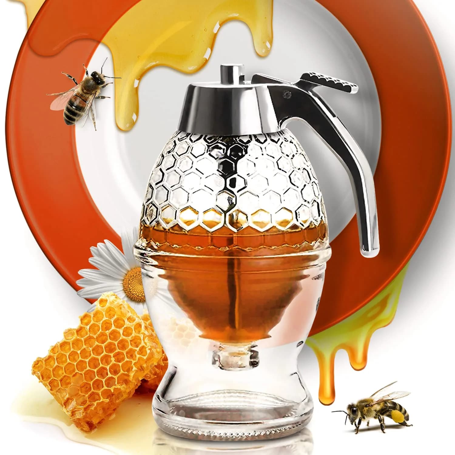 CLEVLI Glass Honey Dispenser 236ml (8 Oz) with Stand | No Drip, Easy Pour Honey Pot — Glass