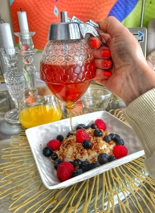 CLEVLI Glass Honey Dispenser 236ml (8 Oz) with Stand | No Drip, Easy Pour Honey Pot thumbnail 4
