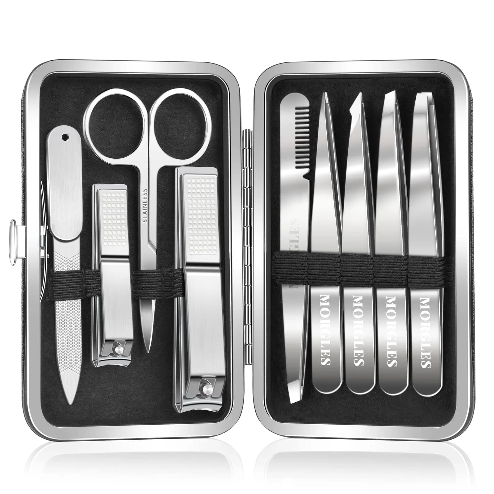 MORGLES Tweezers Set for Men 9 Pcs Nail Clipper Kit with Case for Grooming | Stainless Steel, Travel-Ready
