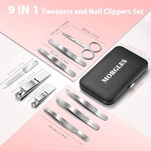 MORGLES Tweezers Set for Men 9 Pcs Nail Clipper Kit with Case for Grooming | Stainless Steel, Travel-Ready thumbnail 7