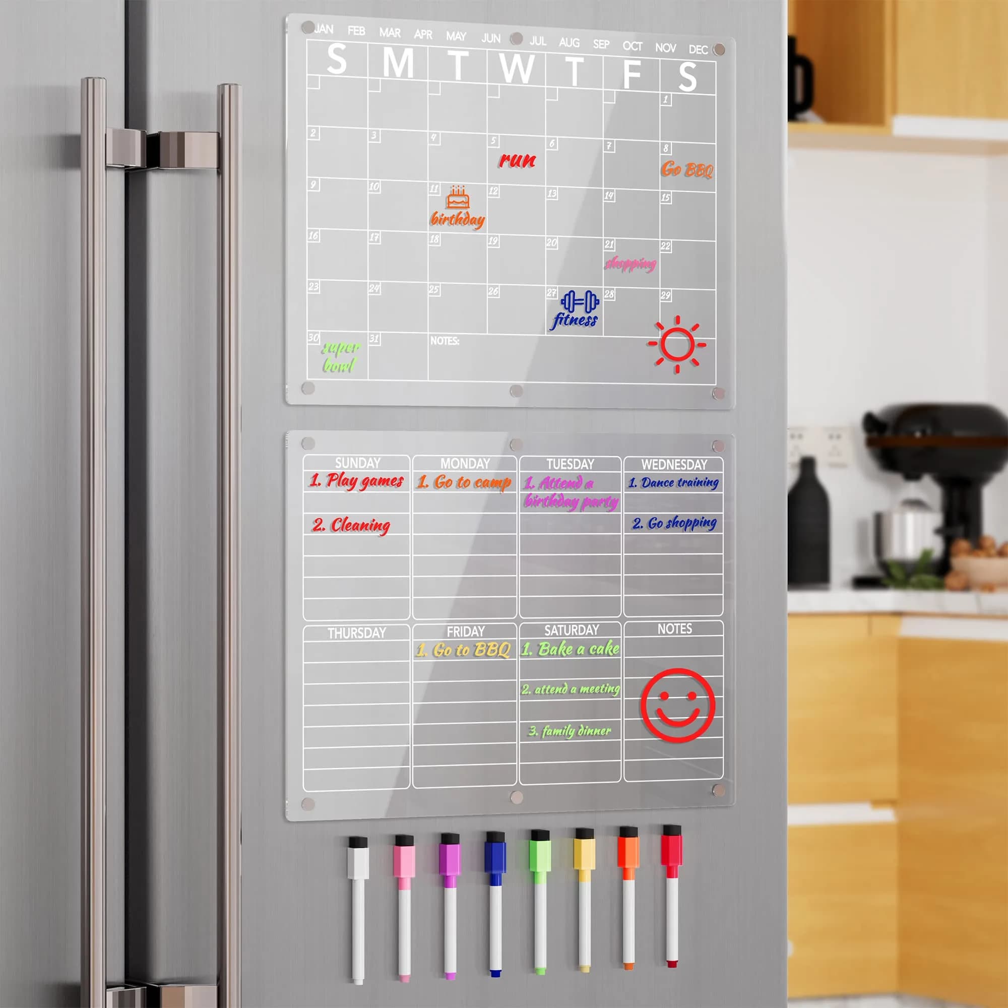 Neatsure Clear Acrylic Magnetic Dry Erase Calendar for Fridge, 15"x11" | Weekly & Monthly Planner with 8 Color Markers - main product image