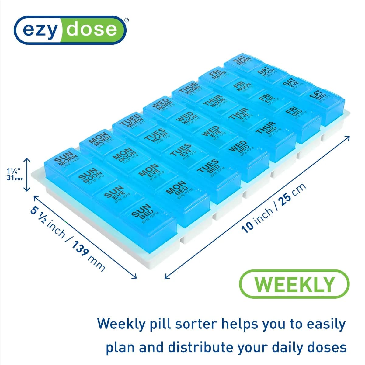 EZY DOSE Pop-Out Daily 7-Day Pill Organizer, Blue, Large | 4 Doses/Day, Removable Compartments, 10 x 5.5 x 1.25 inches - view 2