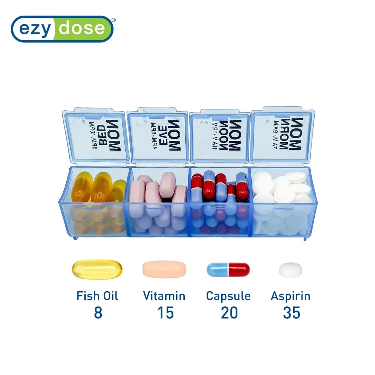EZY DOSE Pop-Out Daily 7-Day Pill Organizer, Blue, Large | 4 Doses/Day, Removable Compartments, 10 x 5.5 x 1.25 inches - view 3