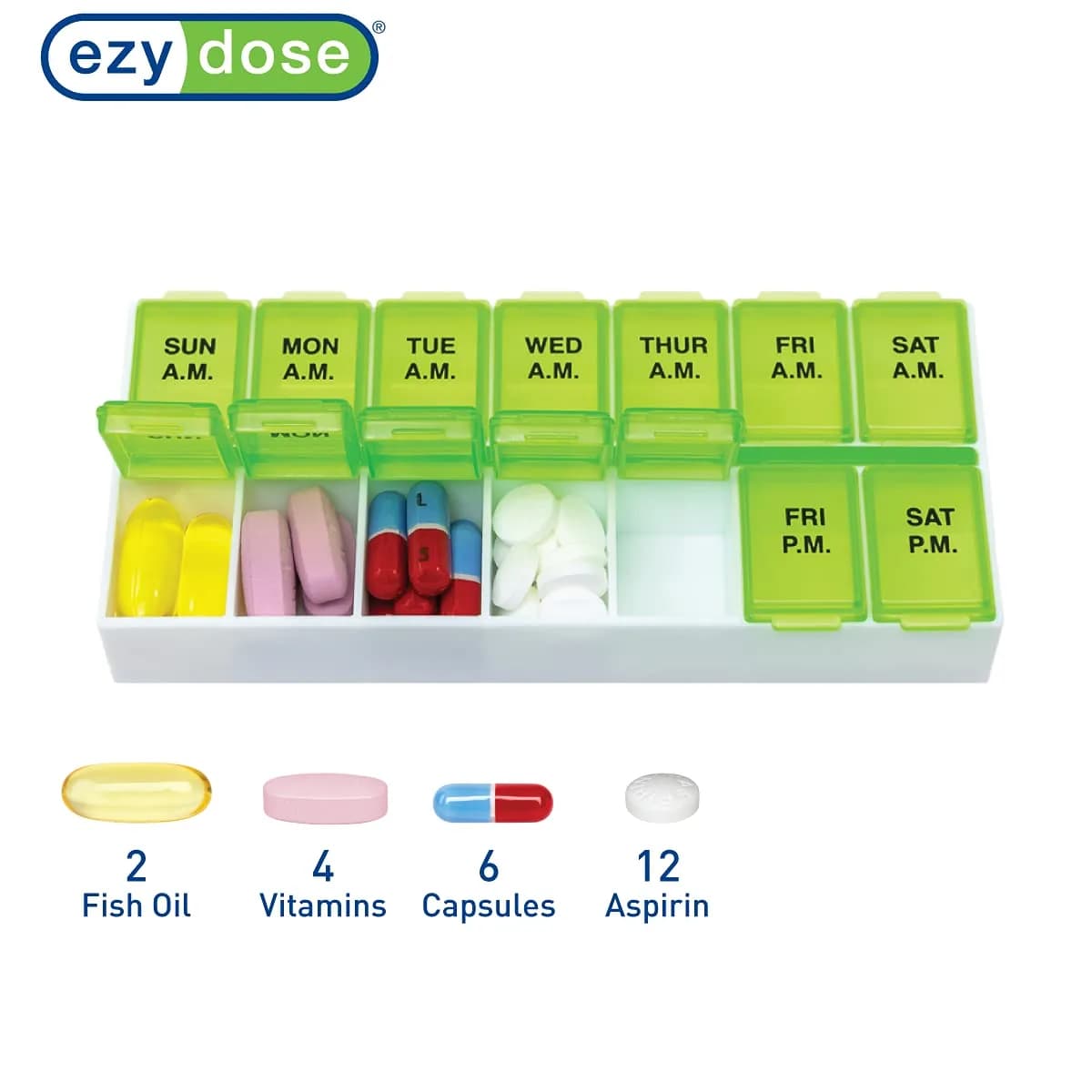 EZY DOSE Weekly AM/PM Pill Organizer Medium Medicine Case Green | 14 Compartments - view 3