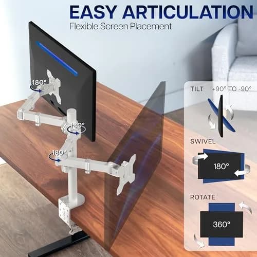 VIVO Dual Monitor Desk Mount STAND-V032W | Heavy Duty Adjustable Stand for 2 LCD LED Screens up to 32 inches, White thumbnail 3