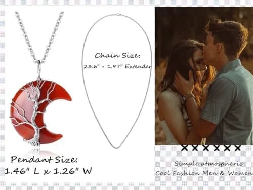 XIANNVXI Carnelian Necklace Crescent Moon Pendant 1.46" x 1.26" | Natural Crystal & Stainless Steel thumbnail 6