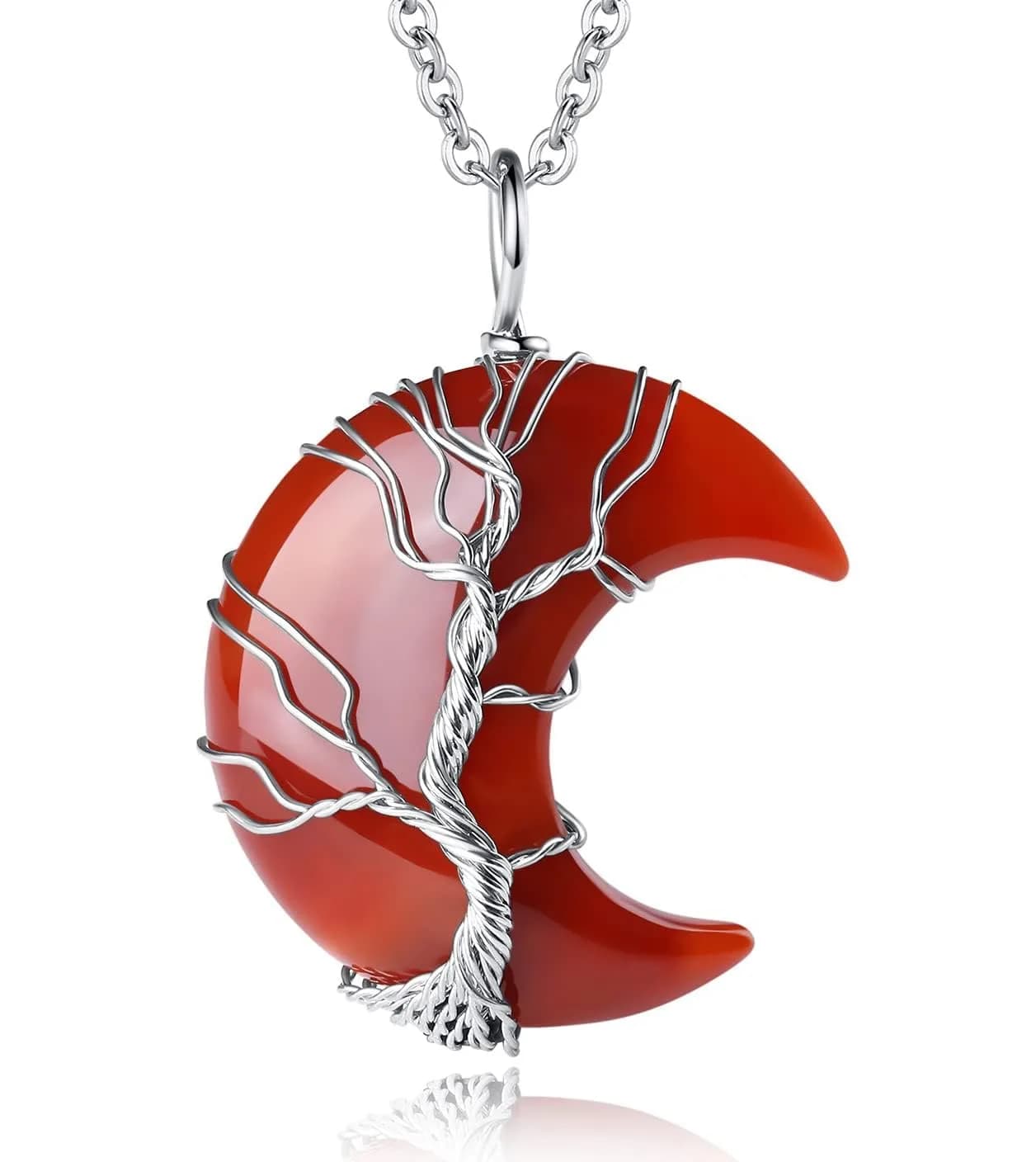 XIANNVXI Carnelian Necklace Crescent Moon Pendant 1.46" x 1.26" | Natural Crystal & Stainless Steel