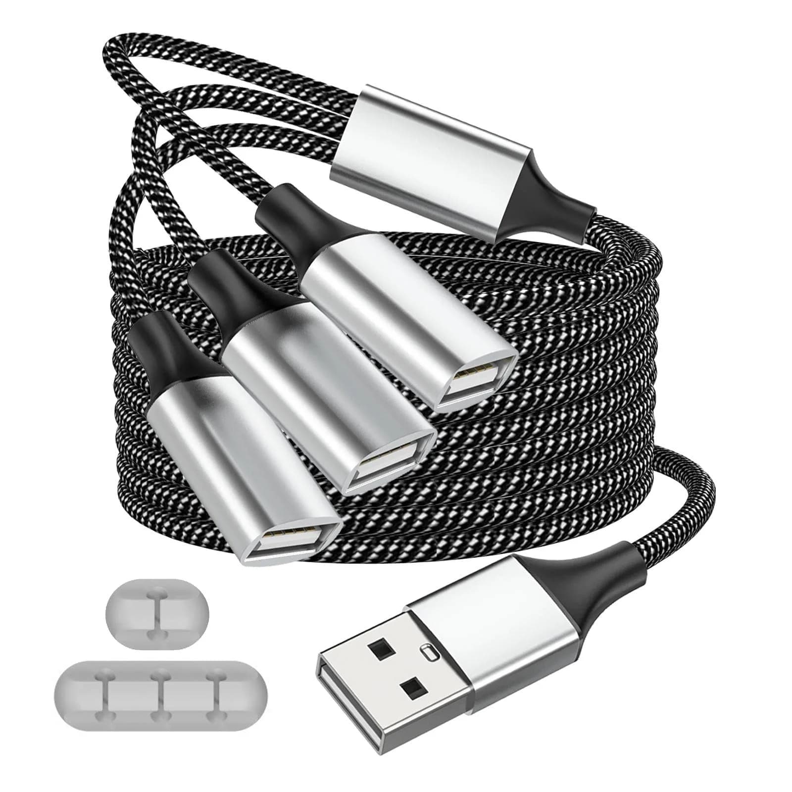 Fidioto USB Y Splitter 1 Male to 4 Female 1.2m (4ft) | Expands 1 USB-A Port to 4 for Data & Charging — 1 in 3 out-4ft