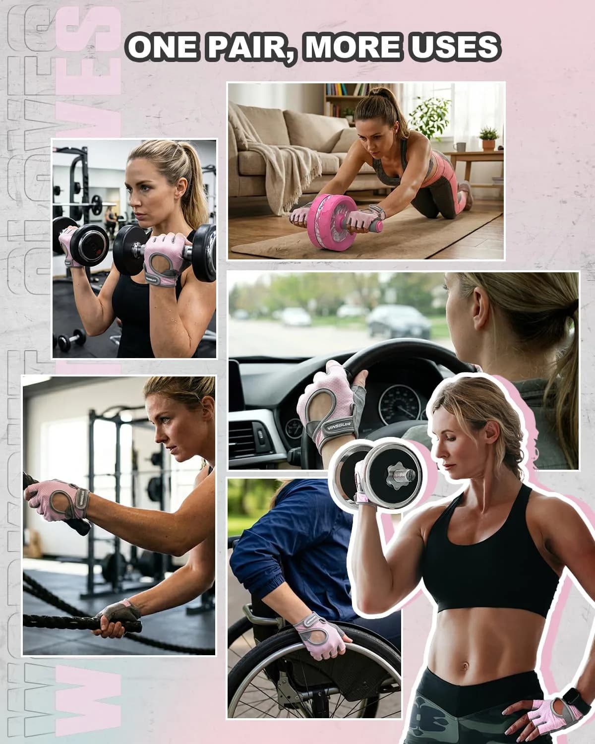 VINSGUIR Workout Gloves for Women and Men, Breathable Weight Lifting Gloves Large Pink | Grips & Protects Hands - view 5