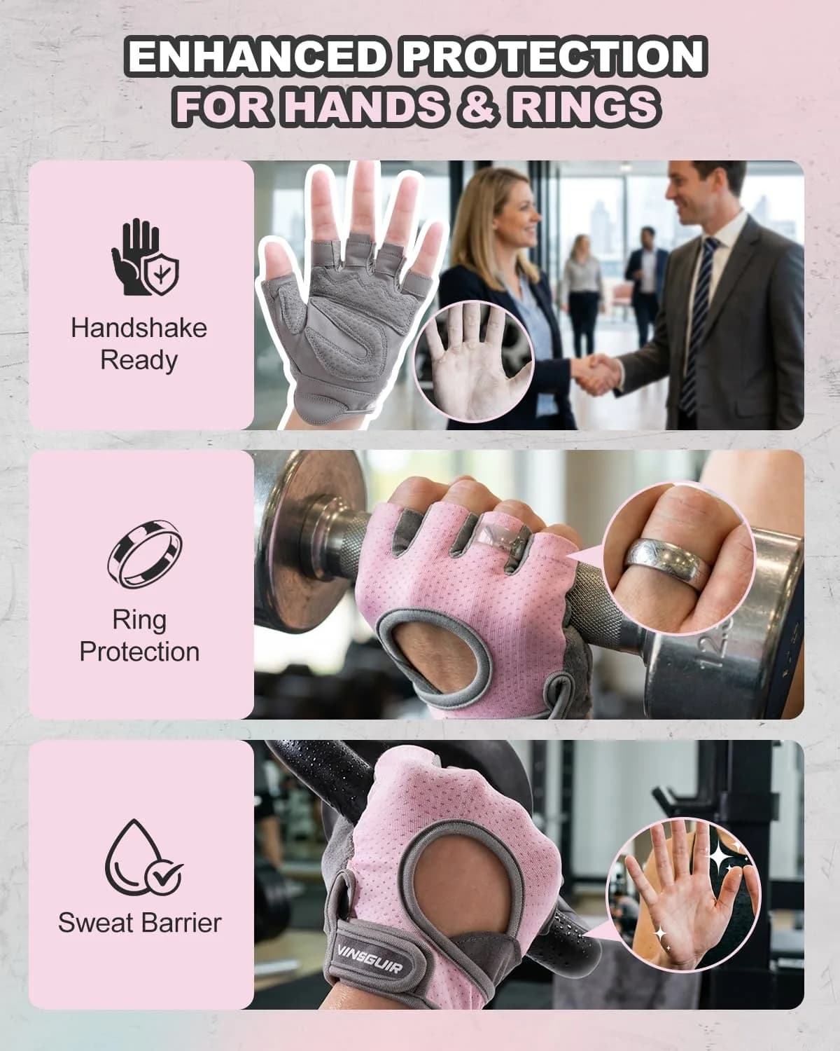 VINSGUIR Workout Gloves for Women and Men, Breathable Weight Lifting Gloves Large Pink | Grips & Protects Hands - view 6