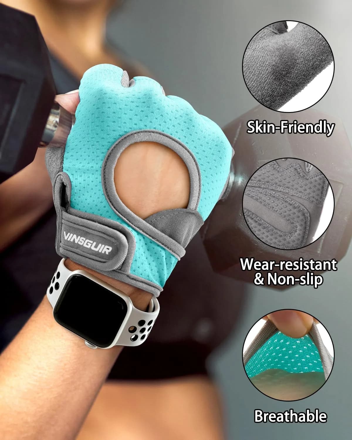 VINSGUIR Workout Gloves - Aqua/Gray, Medium Size for Men & Women - view 3