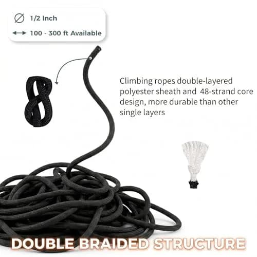 DerziNet Double Braided Arborist Rope 12.7 mm (1/2 Inch) x 15.24 m (50 Feet) Black | 8400 lb Tensile Strength thumbnail 7