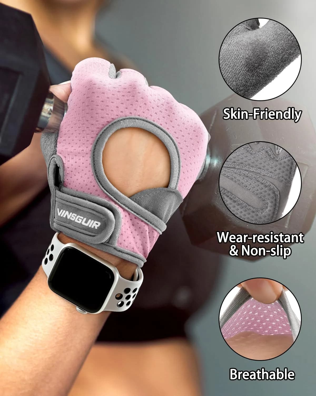 VINSGUIR Workout Gloves - Pink/Gray, Medium Size for Men & Women | Enhanced Grip & Hand Protection - view 2