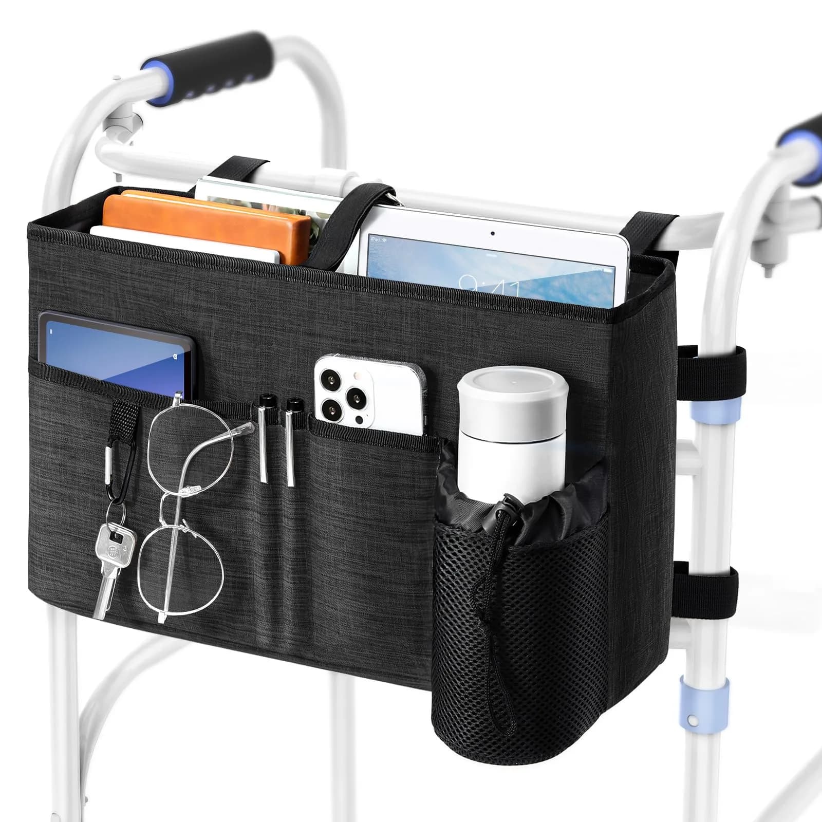 Rhino Valley Walker Basket with Cup Holder | Foldable Walker Bag for Seniors, Durable Polyester, Large Capacity, Easy Mounting