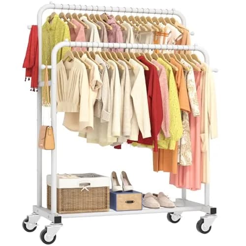 Laiensia Double Rods Garment Rack with Wheels | Multi-functional White Clothing Organizer thumbnail 1