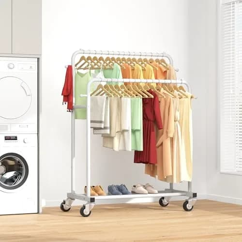 Laiensia Double Rods Garment Rack with Wheels | Multi-functional White Clothing Organizer thumbnail 8