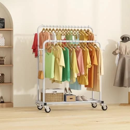 Laiensia Double Rods Garment Rack with Wheels | Multi-functional White Clothing Organizer thumbnail 9