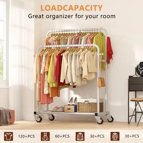 Laiensia Double Rods Garment Rack with Wheels | Multi-functional White Clothing Organizer thumbnail 2