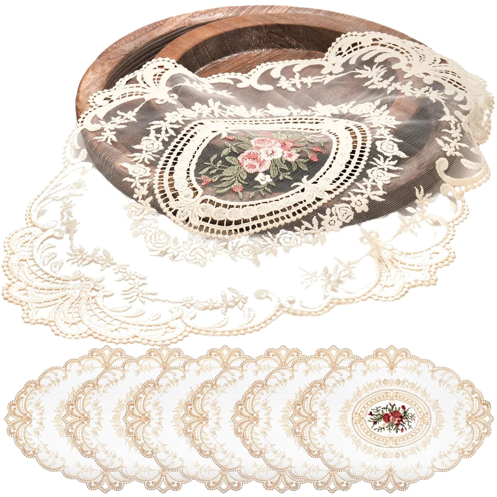 Mezchi Retro French Style Lace Placemats 30cm (12'') x 40cm (16'') Oval, Set of 6 | Elegant Victorian Decor for Dining Tables
