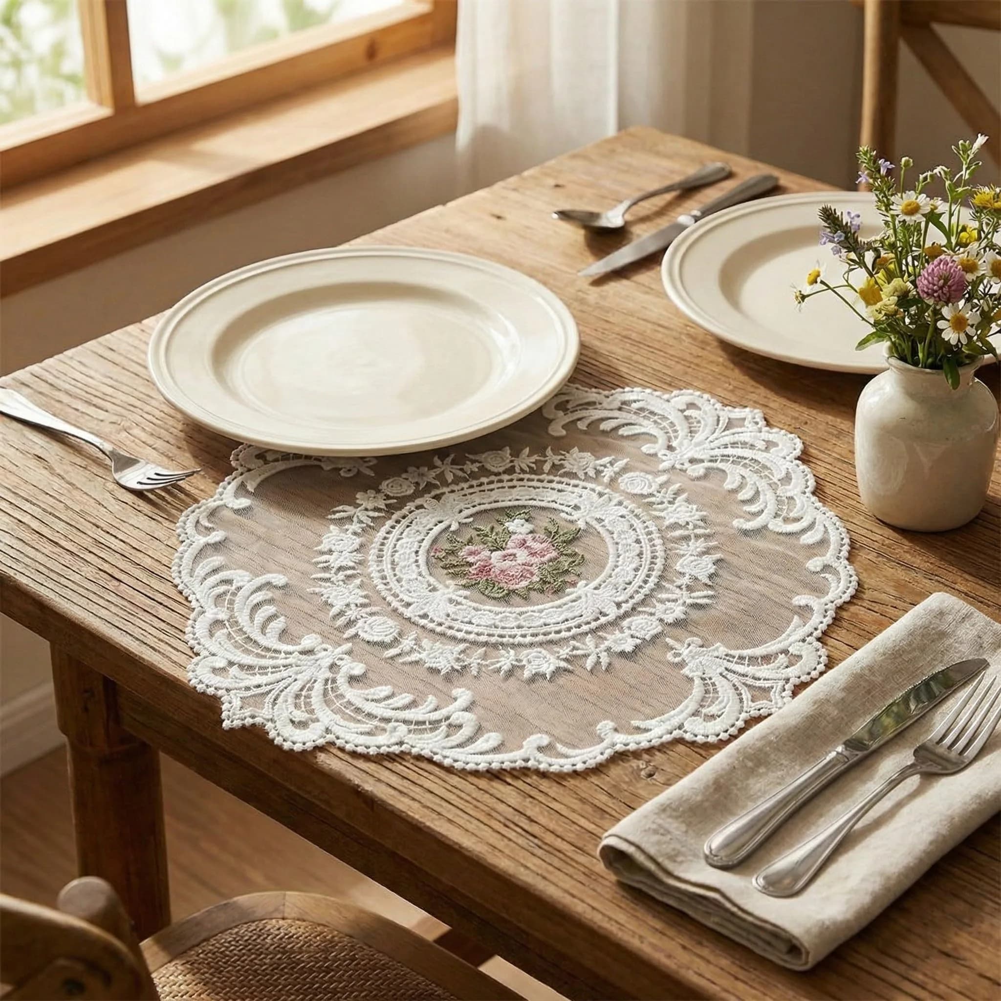 Mezchi 6 Pack Retro French Style Lace Placemats 28cm (11 inch) Round | Vintage Crochet Doilies for Tables - view 8