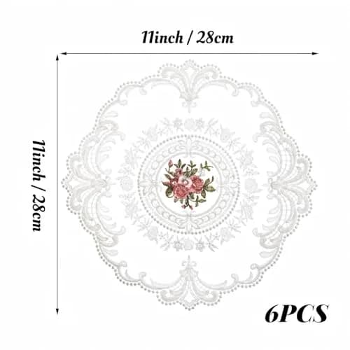 Mezchi 6 Pack Retro French Style Lace Placemats 28cm (11 inch) Round | Vintage Crochet Doilies for Tables thumbnail 3