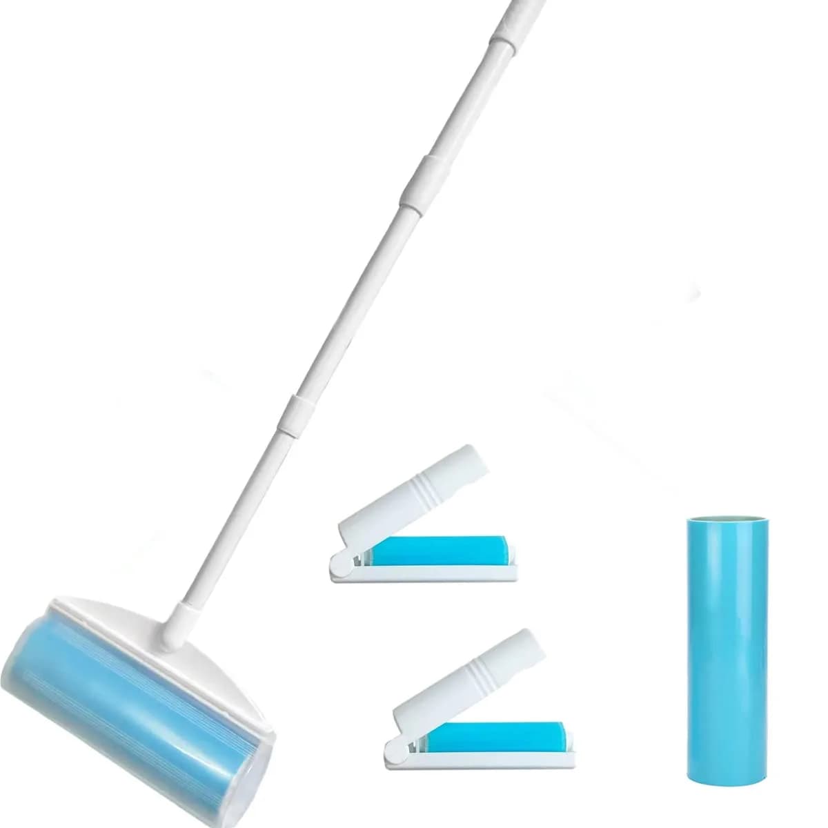 CALMTEE Reusable Lint Roller with Extendable Handle & 4-Piece Value Set | 8-Inch Jumbo, 1 Refill, 2 Mini Washable Pet Hair Remover — Blue
