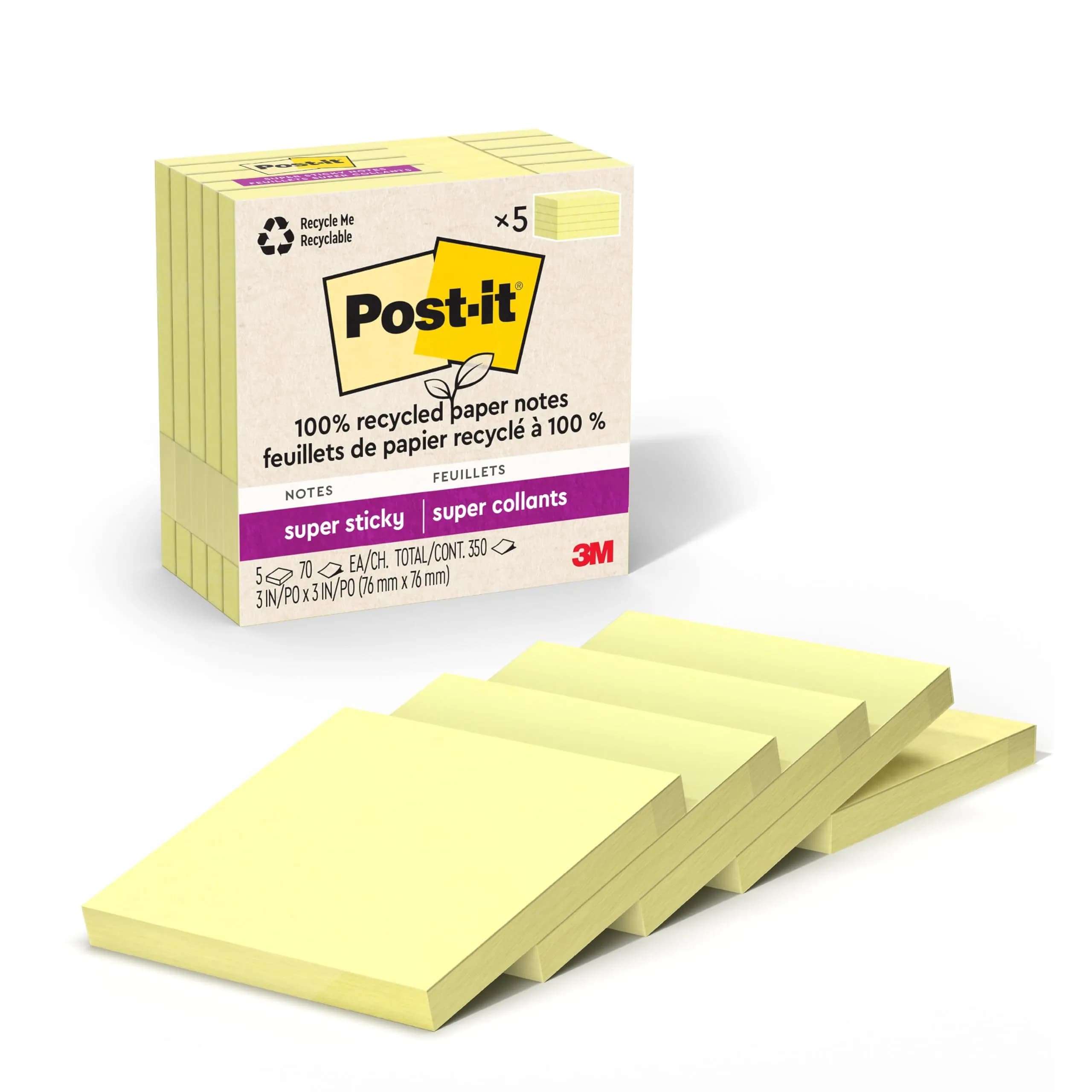 Post-it Super Sticky Notes 3 x 3 in Canary Yellow 5 Pads | 2X Sticking Power - main product image