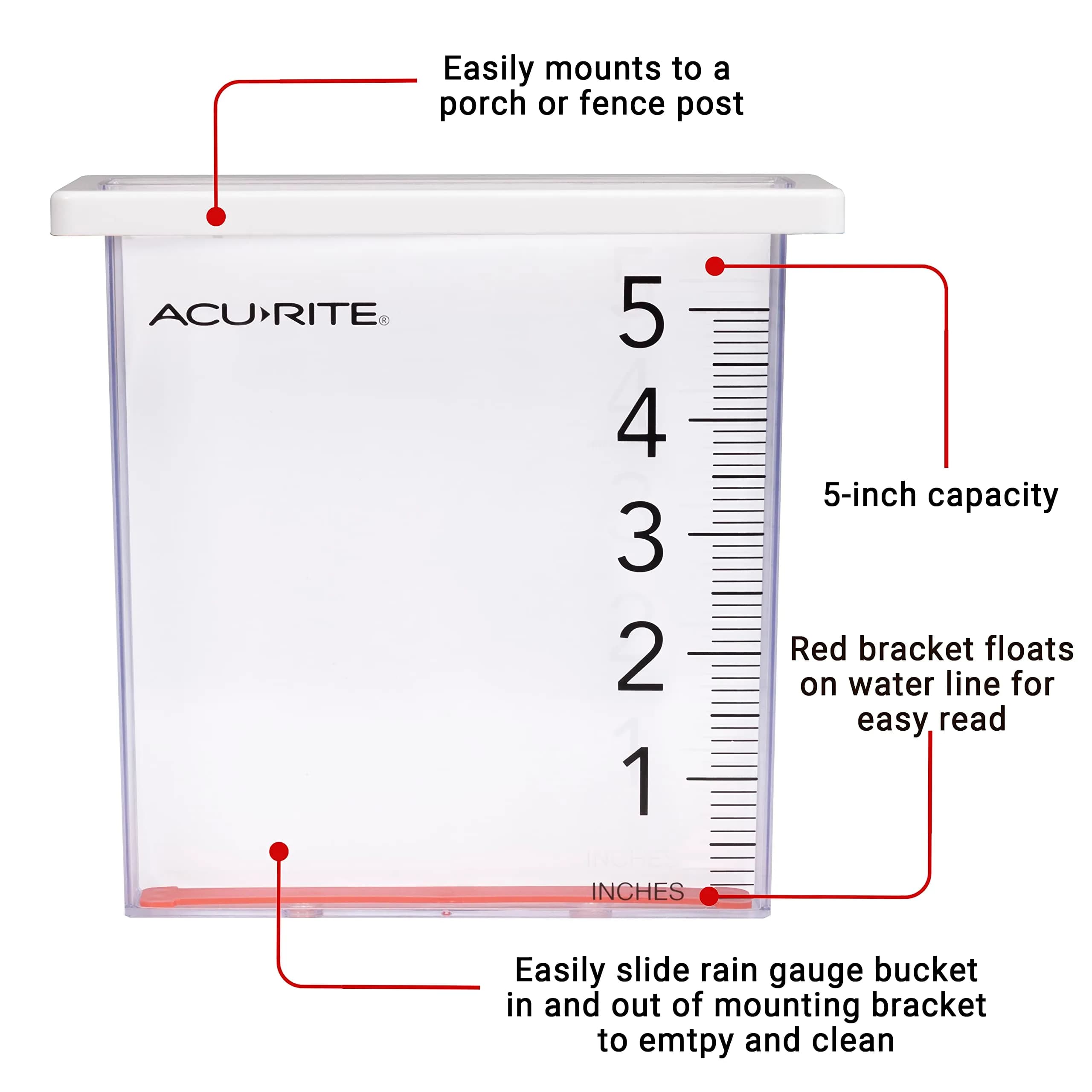 AcuRite Waterfall Rain Gauge with 5-inch Capacity | Clear Acrylic with Floating Red Marker - view 3