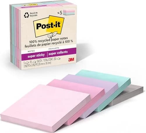 Post-it 100% Recycled Super Sticky Notes, 3 x 3 in, Wanderlust Pastels, 5 Pads | Eco-Friendly Notes with 2X Sticking Power thumbnail 1