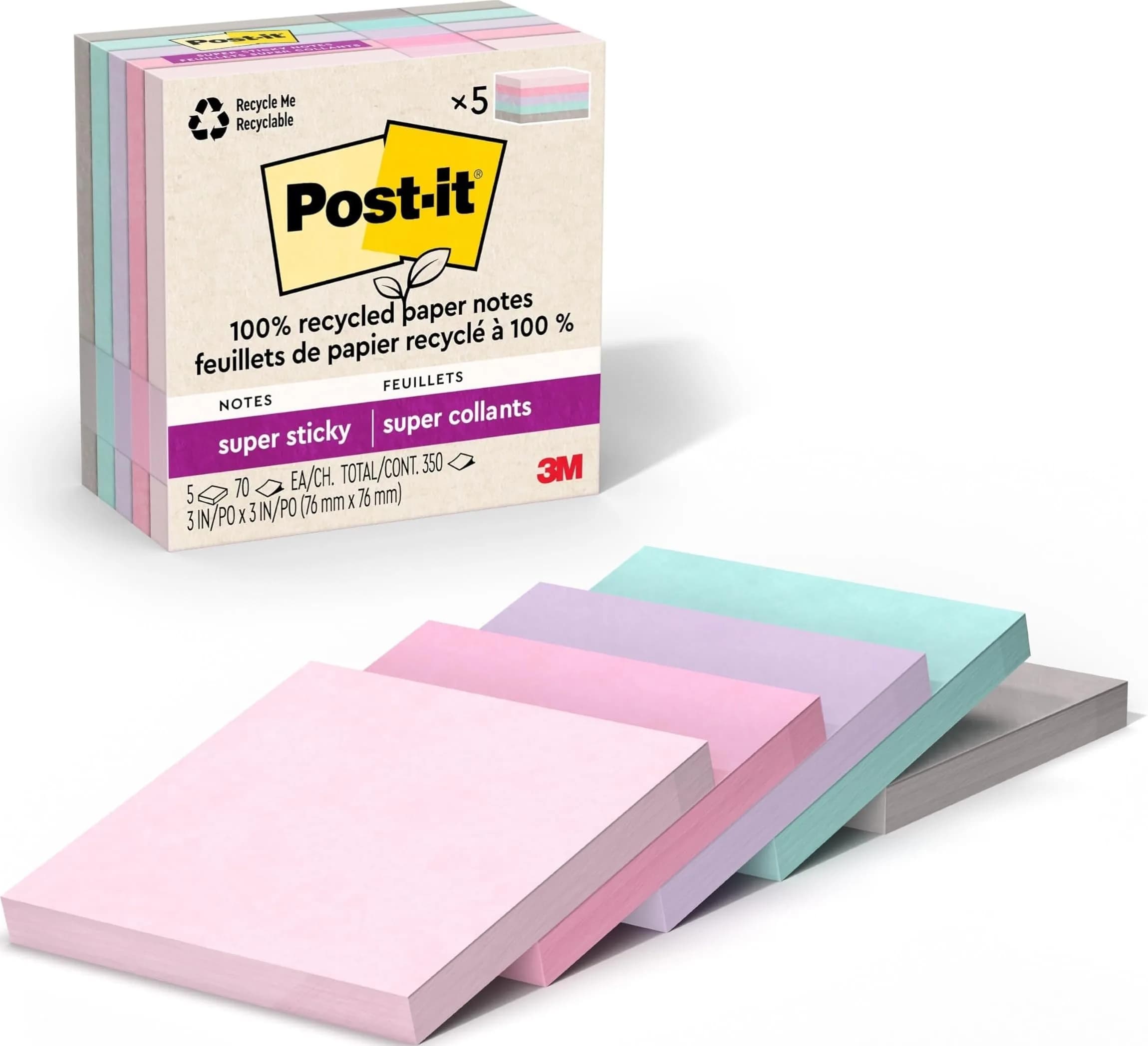 Post-it 100% Recycled Super Sticky Notes, 3 x 3 in, Wanderlust Pastels, 5 Pads | Eco-Friendly Notes with 2X Sticking Power - main product image