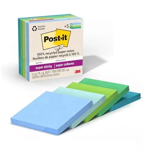 Post-it 100% Recycled Super Sticky Notes 3 x 3 in Oasis Collection (12 Pads, 70 Sheets/Pad) | Acid-Free Paper thumbnail 1