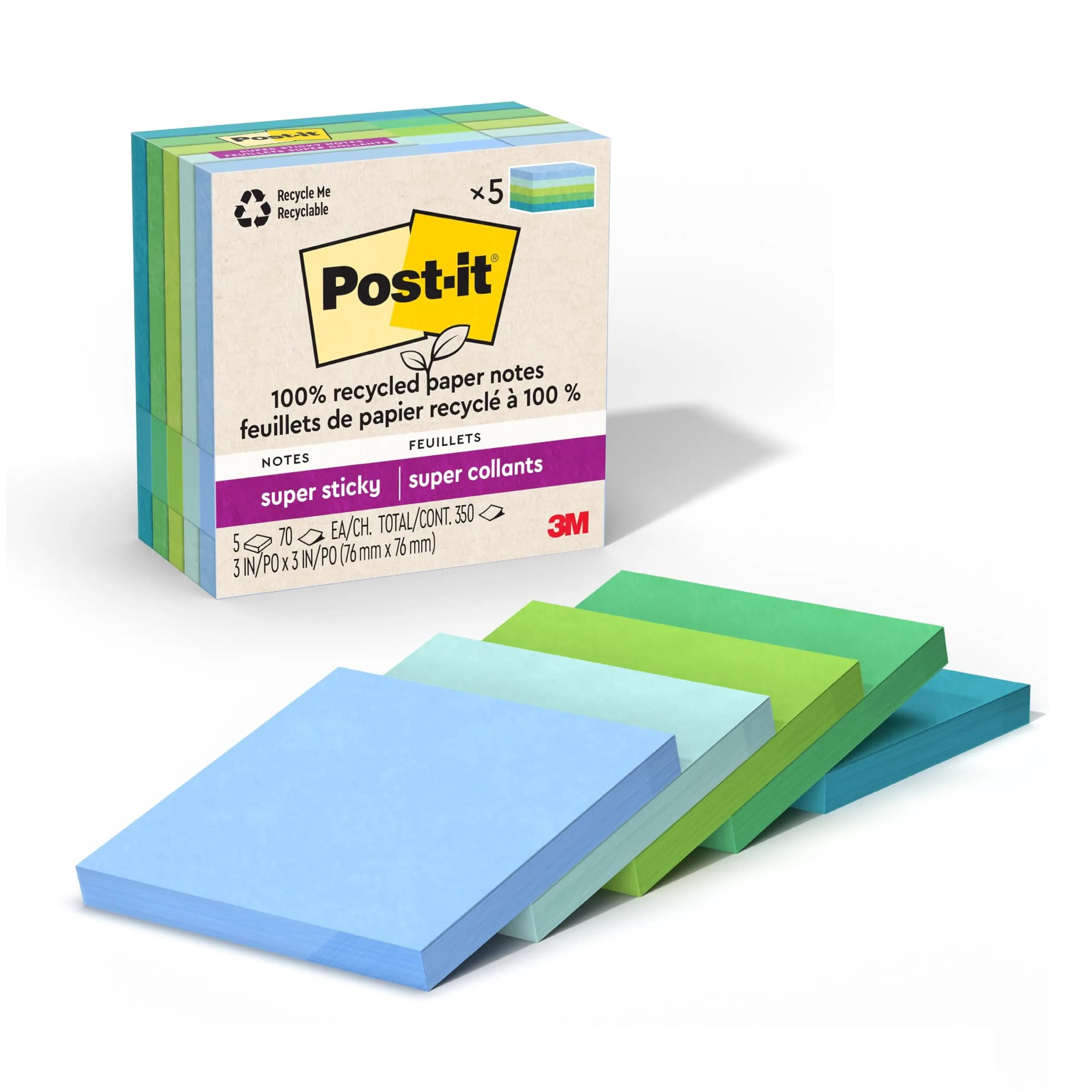 Post-it 100% Recycled Super Sticky Notes 3 x 3 in Oasis Collection (12 Pads, 70 Sheets/Pad) | Acid-Free Paper