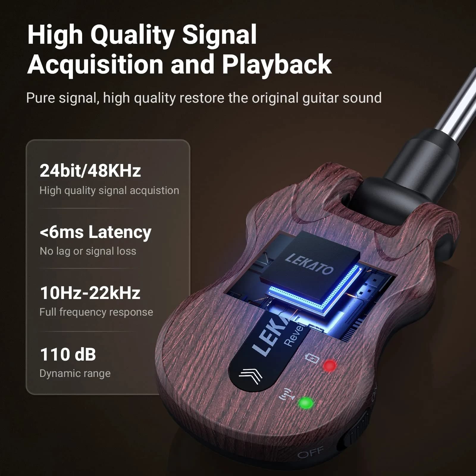 LEKATO 5.8GHz Wireless Guitar System Transmitter and Receiver | 24-Bit Audio, 220° Rotatable Plug, 5-Hour Battery - view 2