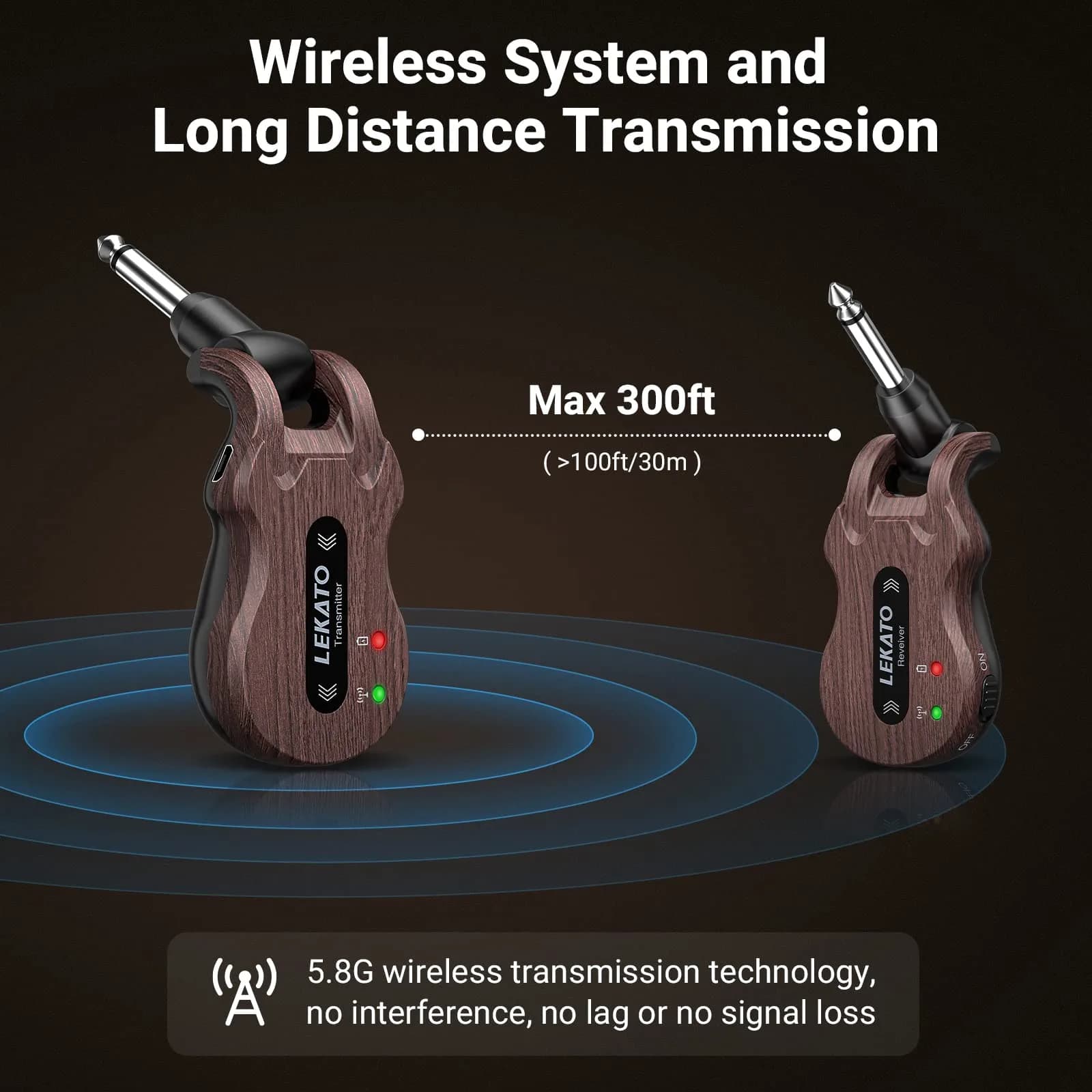 LEKATO 5.8GHz Wireless Guitar System Transmitter and Receiver | 24-Bit Audio, 220° Rotatable Plug, 5-Hour Battery - view 3