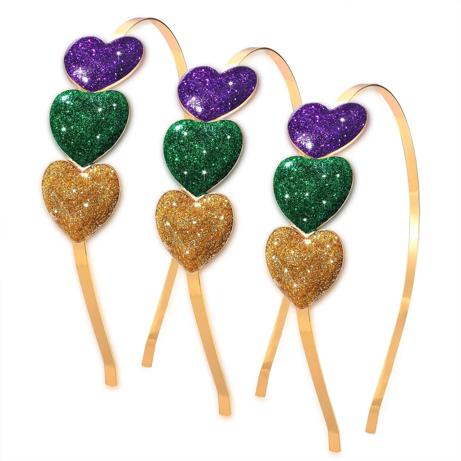 boderier Mardi Gras Glitter Heart Headband 3-Pack | Festive Purple, Green, Gold Accents - main product image