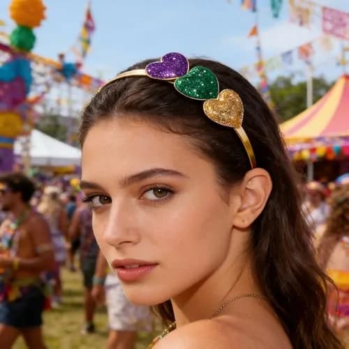 boderier Mardi Gras Glitter Heart Headband 3-Pack | Festive Purple, Green, Gold Accents thumbnail 2