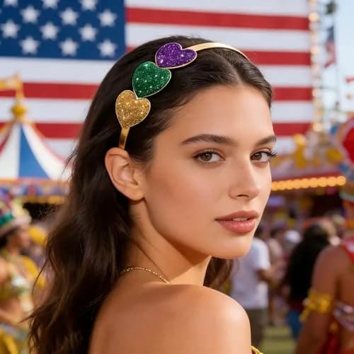 boderier Mardi Gras Glitter Heart Headband 3-Pack | Festive Purple, Green, Gold Accents thumbnail 3