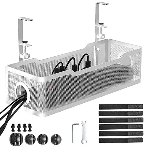 Cinati Under Desk Cable Management Tray, 13.4" Metal Cord Organizer, White | No Drill Clamp Mount thumbnail 1