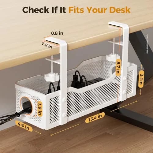 Cinati Under Desk Cable Management Tray, 13.4" Metal Cord Organizer, White | No Drill Clamp Mount thumbnail 6