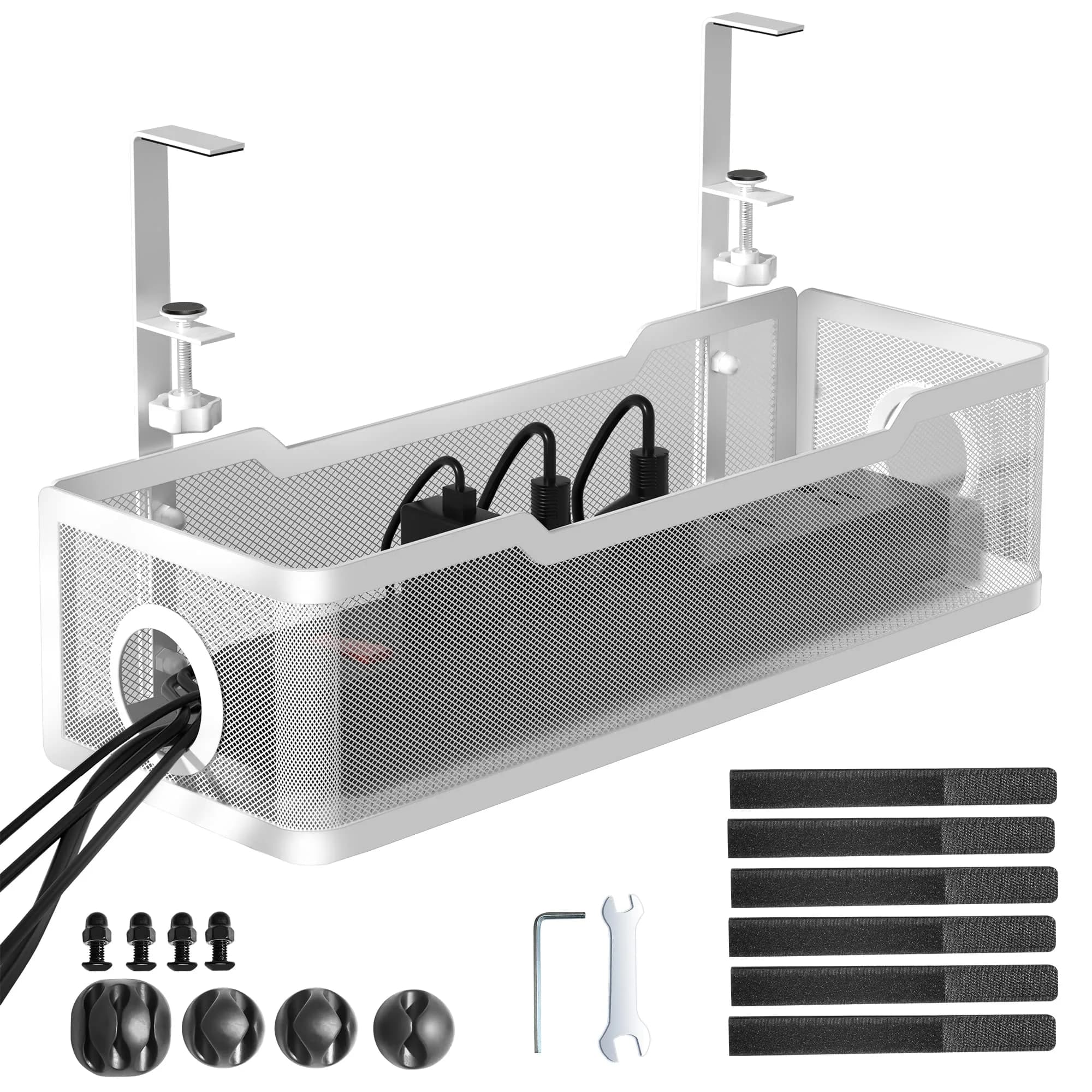 Cinati Under Desk Cable Management Tray, 13.4" Metal Cord Organizer, White | No Drill Clamp Mount
