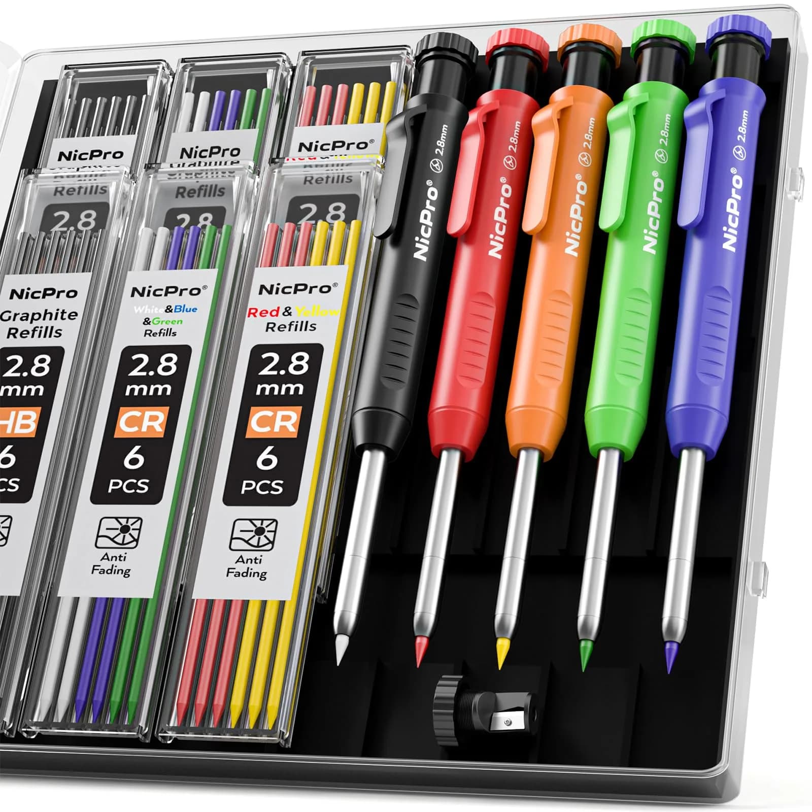 Nicpro 5 Pack Carpenter Pencils with Sharpener | 2.8mm Refills, Durable Metal & ABS Construction, Portable for Outdoor & Indoor Use — Red, Black, Yellow, Green, Blue