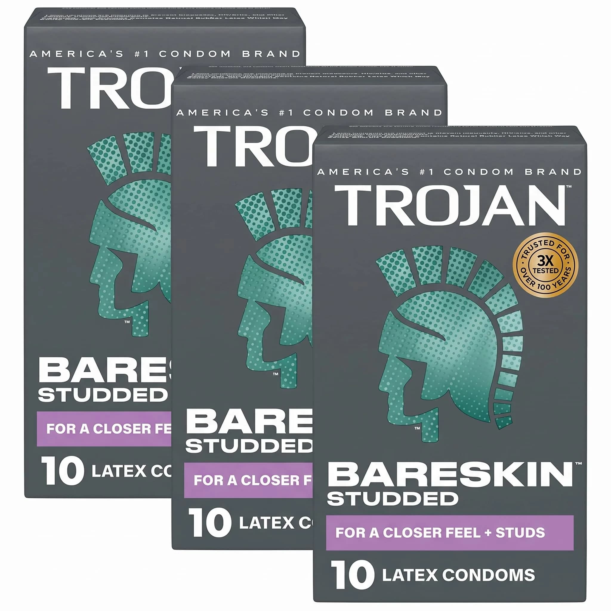 Trojan Studded Bareskin Lubricated Condoms - 10 Count (Pack of 3) | Ultra Thin, Studded for Sensation — White