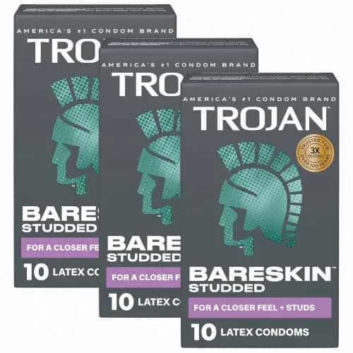 Trojan Studded Bareskin Lubricated Condoms - 10 Count (Pack of 3) | Ultra Thin, Studded for Sensation thumbnail 1