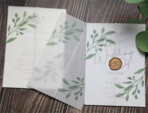 Puremigo 50 Pack Eucalyptus Greenery Printed Pre-Folded Vellum Jackets for 5x7 Invitations - 115GSM Vellum Paper thumbnail 1
