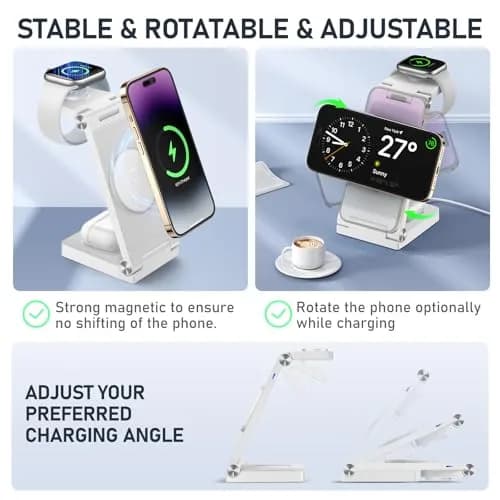 GEJIUCAI Magnetic Wireless Charger Stand 3 in 1 Foldable 20W | Fast MagSafe Charging Station for iPhone, iWatch, AirPods thumbnail 4