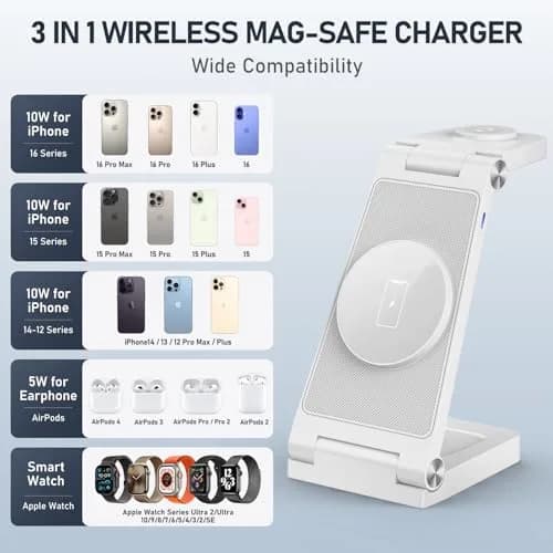 GEJIUCAI Magnetic Wireless Charger Stand 3 in 1 Foldable 20W | Fast MagSafe Charging Station for iPhone, iWatch, AirPods thumbnail 5