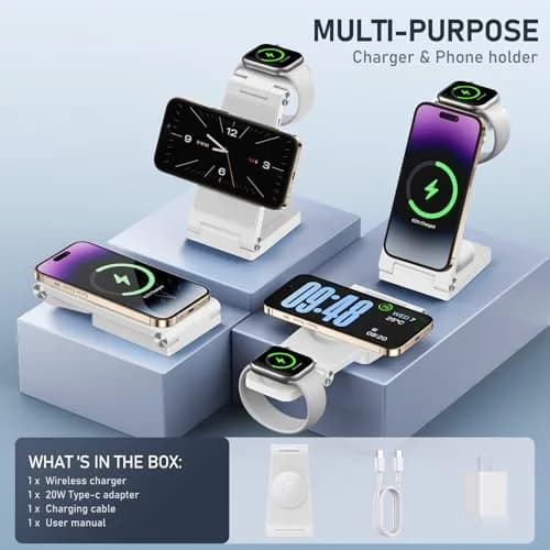 GEJIUCAI Magnetic Wireless Charger Stand 3 in 1 Foldable 20W | Fast MagSafe Charging Station for iPhone, iWatch, AirPods thumbnail 2